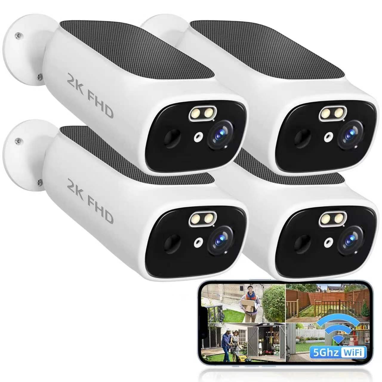 Four Solar + Battery Wire-Free 2K cameras with mobile multi-camera viewing