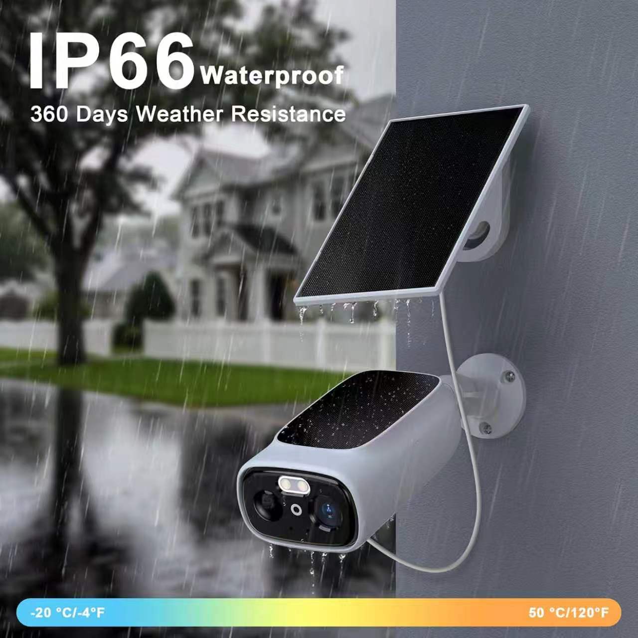 IP66 weatherproof solar security camera operating in heavy rain