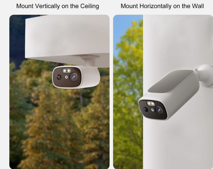 Solar security camera mounted vertically on a ceiling and horizontally on a wall